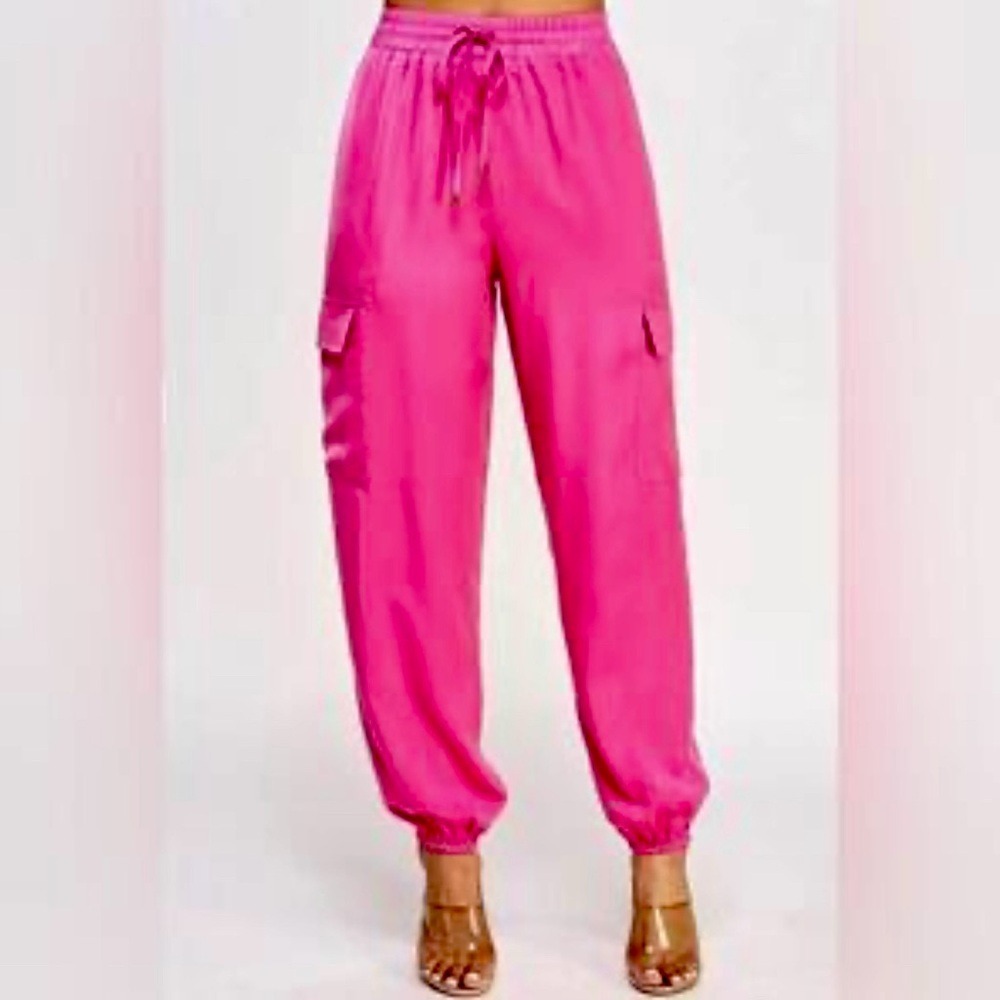 Idem Ditto Hot Pink Satin Cargo Jogger Pants High‎ Waisted Size M H13756PVC